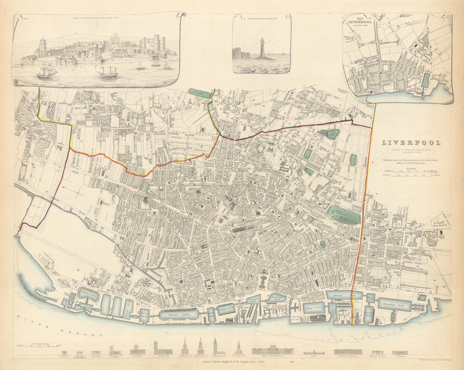 LIVERPOOL antique town city map. Inset 1650 view/1729 plan. Buildings. SDUK 1847